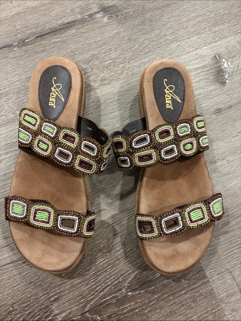 Azura Regency Women's Brown Beaded Slide Sandals Velcro strap